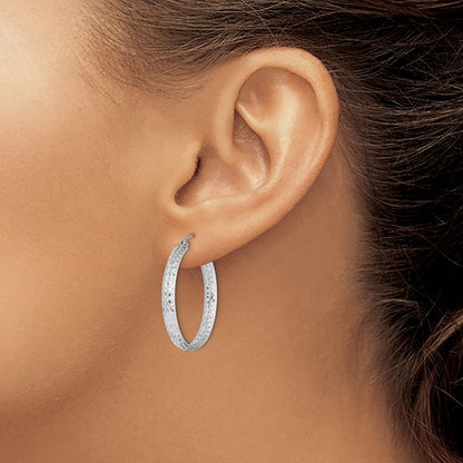 14k white gold diamond cut inside outside round hoop earrings 26mm x 3.75mm