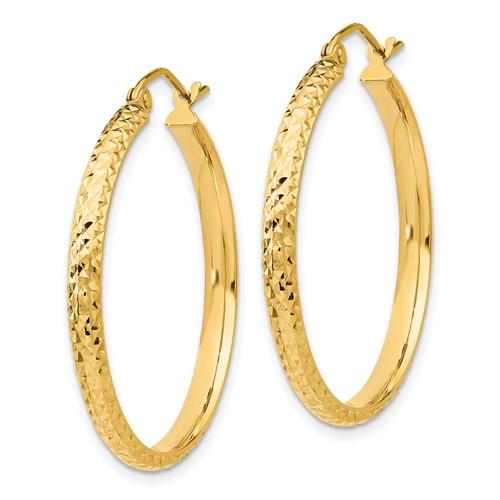 14k yellow gold diamond cut round hoop earrings 30mm x 2.5mm