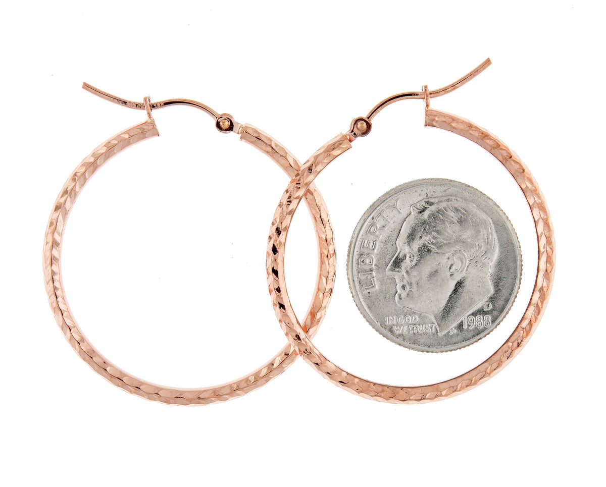 14k rose gold 30mm x 2mm diamond cut round hoop earrings