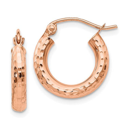 10k rose gold diamond cut round hoop earrings 15mm x 3mm