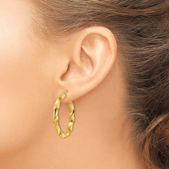14k yellow gold twisted round hoop earrings 33mm x 4mm