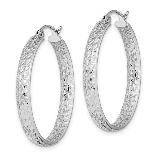 14k white gold diamond cut inside outside round hoop earrings 26mm x 3.75mm