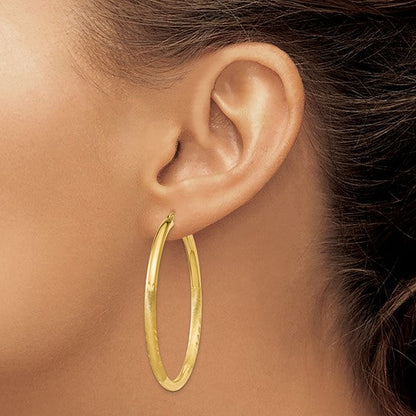 10k yellow gold satin diamond cut round hoop earrings 50mm x 3mm