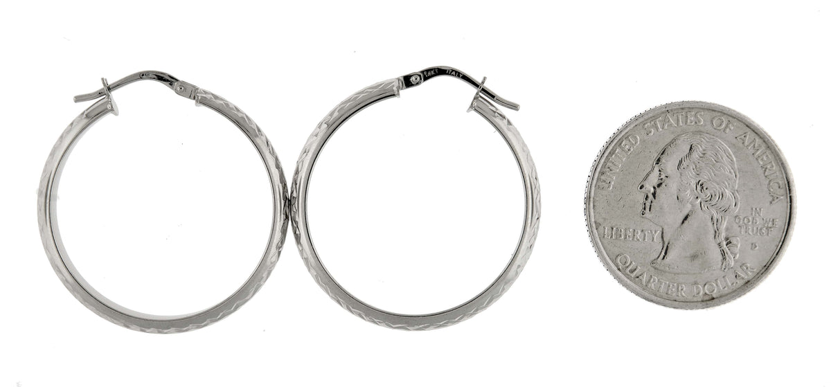 14k white gold diamond cut round hoop earrings 28mm x 4mm