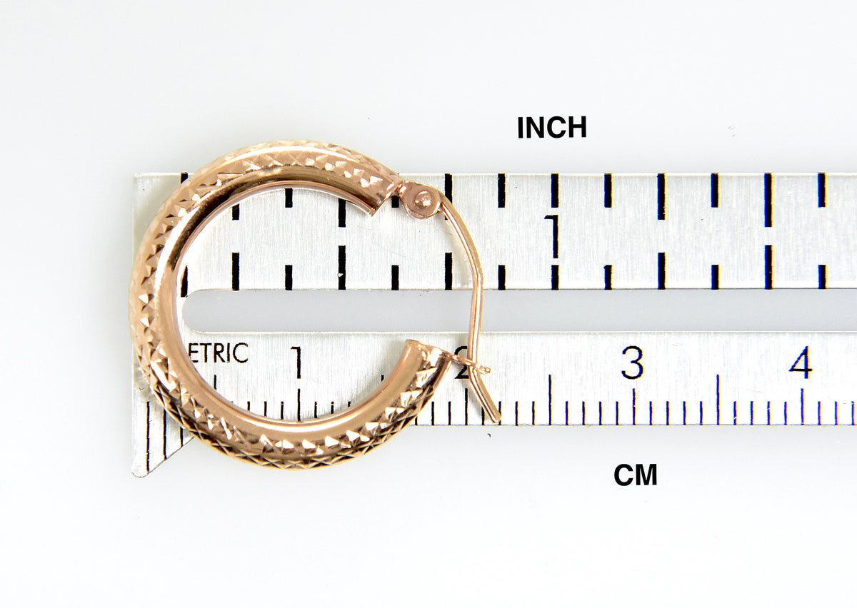 14k rose gold diamond cut textured classic round hoop earrings 20mm x 3mm