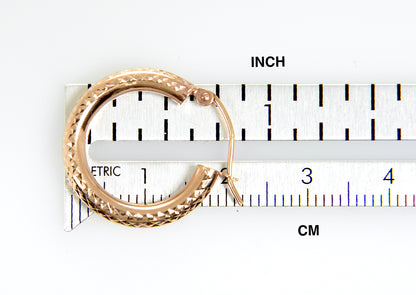 14k rose gold diamond cut textured classic round hoop earrings 20mm x 3mm