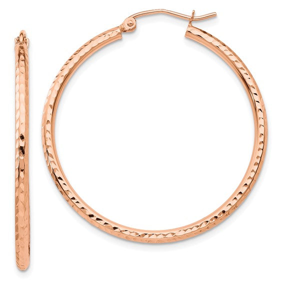 14k rose gold diamond cut textured classic round hoop earrings 35mm x 2mm