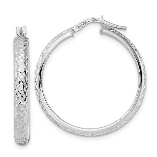 14k white gold diamond cut round hoop earrings 28mm x 4mm
