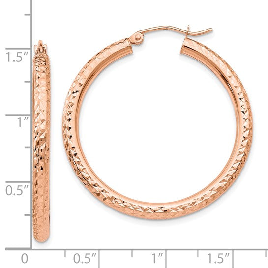 10k rose gold diamond cut round hoop earrings 35mm x 3mm