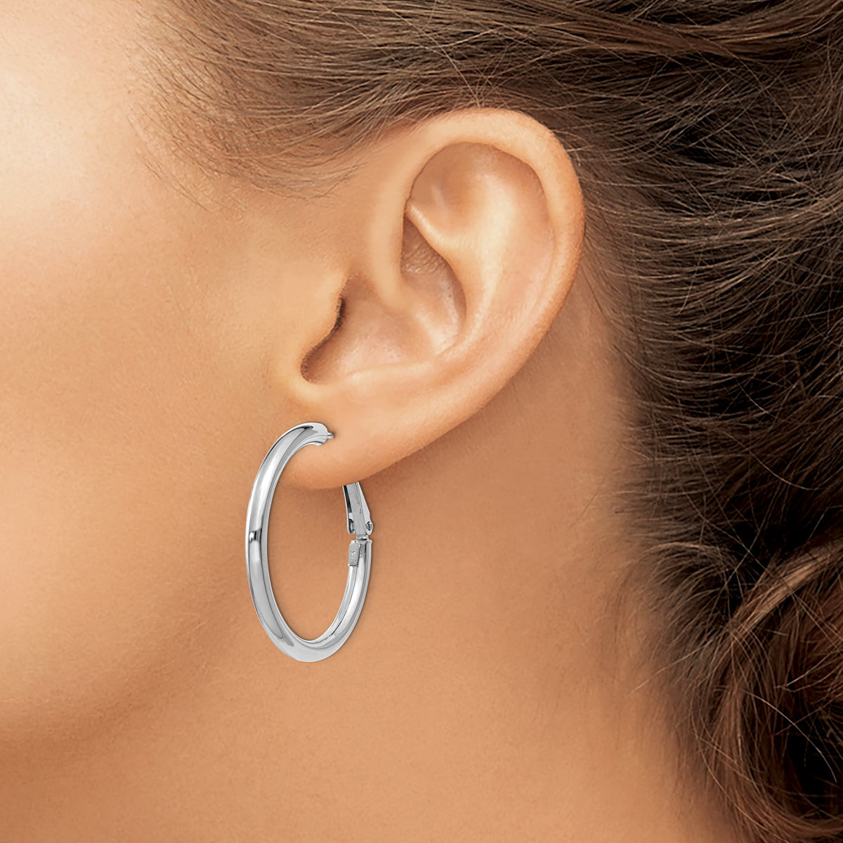 14K White Gold 32.5mm x 3mm Omega Back Round Hoop Earrings