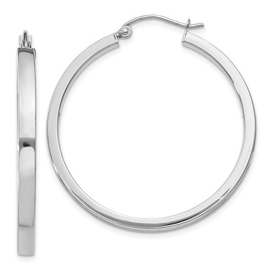 14K White Gold 34mm x 3mm Polished Square Tube Round Hoop Earrings