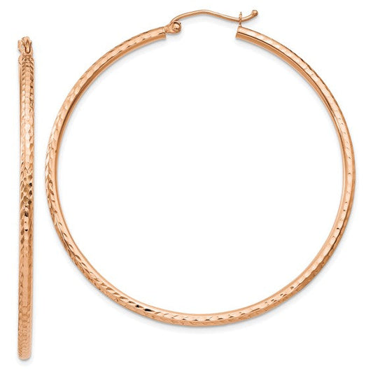 14K Rose Gold 50mm x 2mm Diamond Cut Textured Round Hoop Earrings