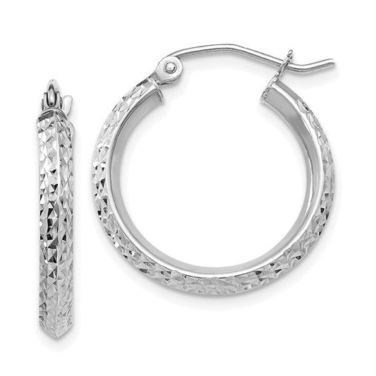 14K White Gold 20mm x 2.5mm Diamond Cut Knife Edge Round Hoop Earrings