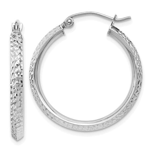 14K White Gold 25mm x 2.5mm Diamond Cut Knife Edge Round Hoop Earrings