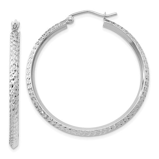 14K White Gold 35mm x 2.5mm Diamond Cut Knife Edge Round Hoop Earrings