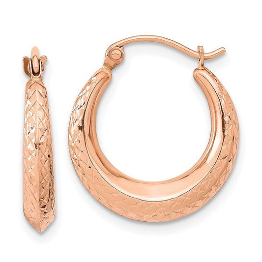14K Rose Gold 19mm x 17.5mm x 3.25mm Textured Tapered Hollow Hoop Earrings