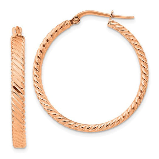 14K Rose Gold 31mm x 3mm Patterned Round Hoop Earrings