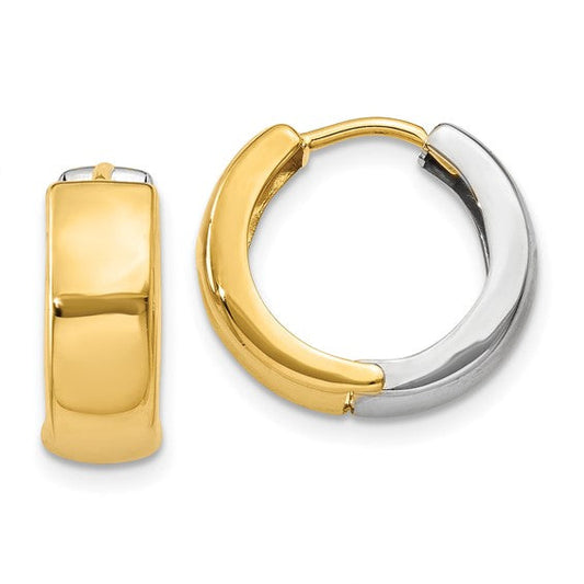 14K Yellow & White Gold 10mm x 5mm Two-Tone Hinged Huggie Hoop Earrings