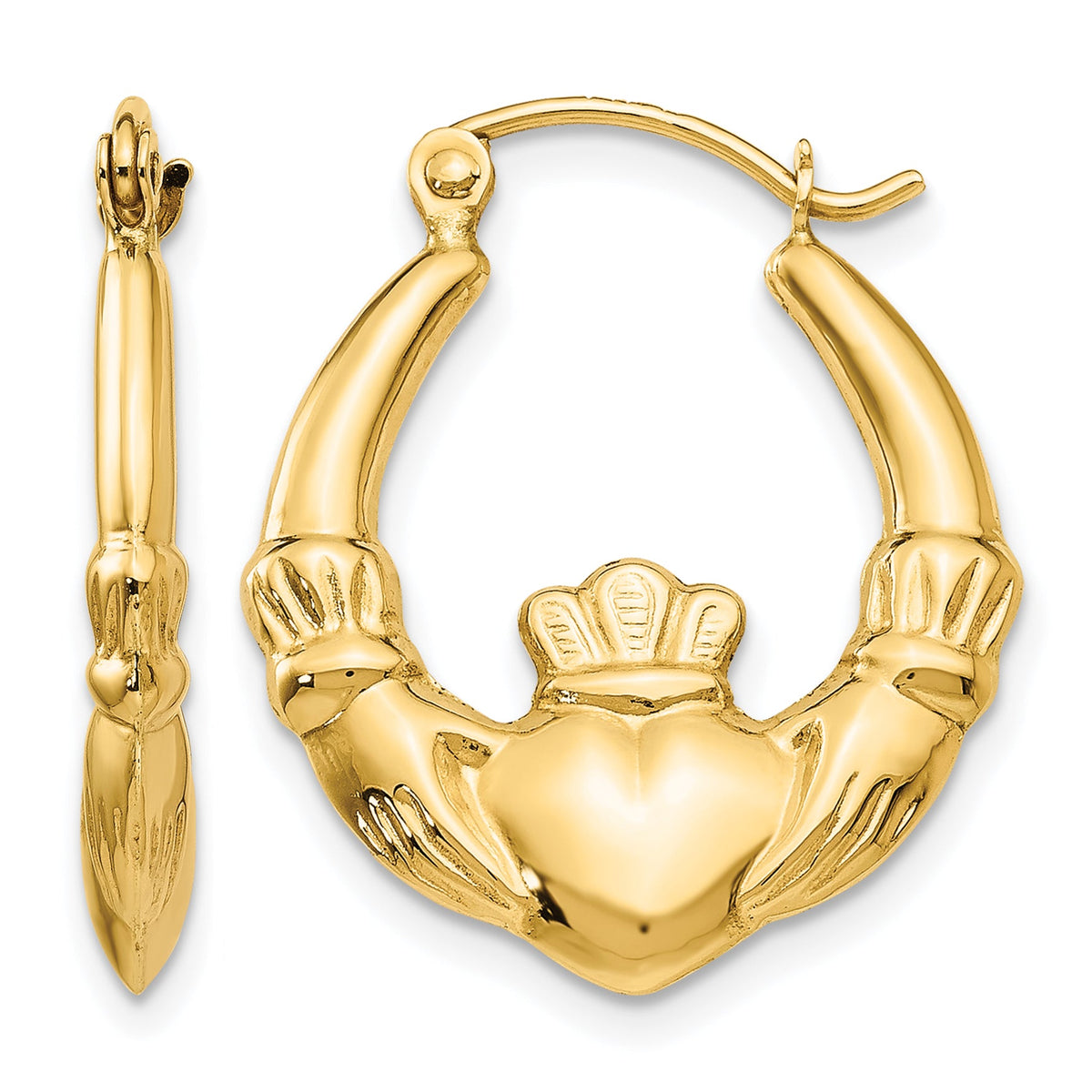 14K Yellow Gold 23mm x 19mm x 3.5mm Claddagh Hoop Earrings