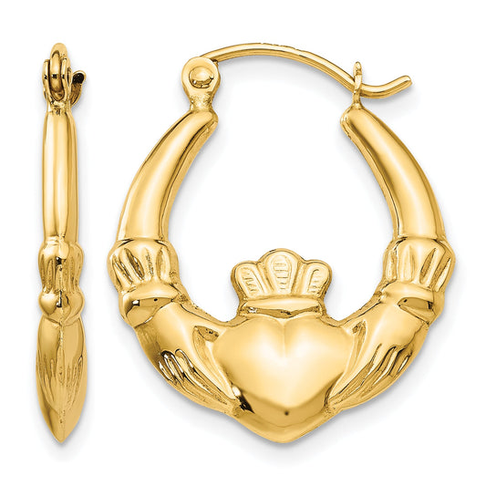 14K Yellow Gold 23mm x 19mm x 3.5mm Claddagh Hoop Earrings