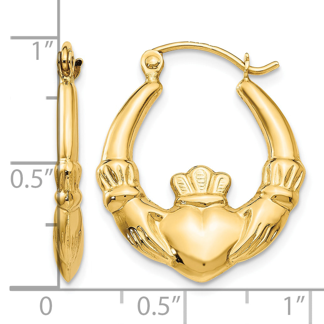 14K Yellow Gold 23mm x 19mm x 3.5mm Claddagh Hoop Earrings
