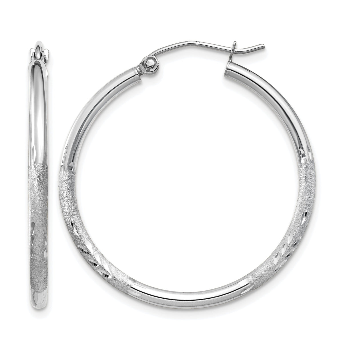 14K White Gold 30mm x 2mm Satin & Diamond Cut Round Hoop Earrings