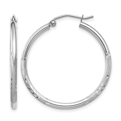 14K White Gold 30mm x 2mm Satin & Diamond Cut Round Hoop Earrings