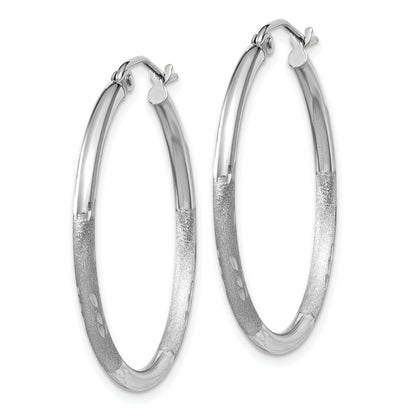 14K White Gold 30mm x 2mm Satin & Diamond Cut Round Hoop Earrings