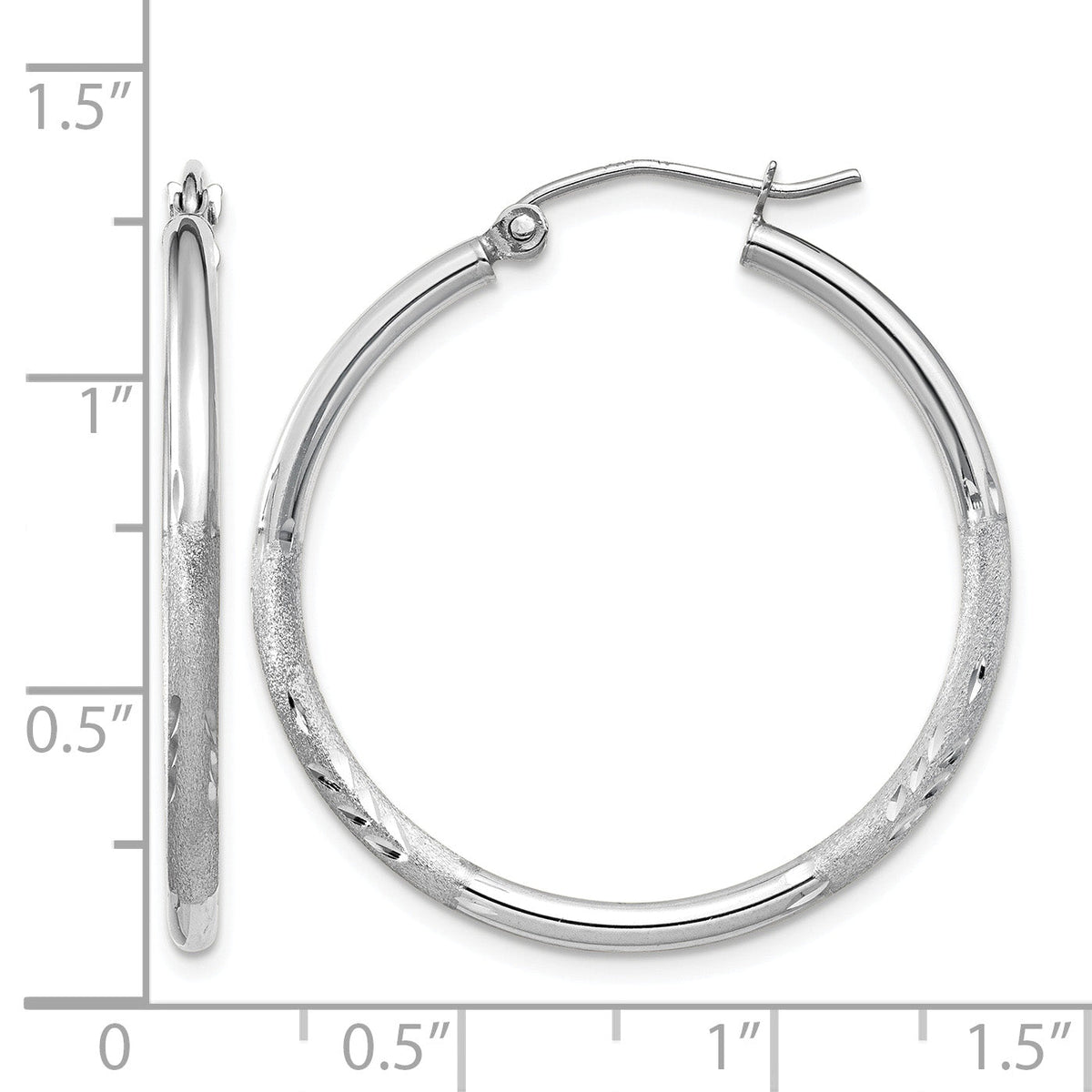 14K White Gold 30mm x 2mm Satin & Diamond Cut Round Hoop Earrings