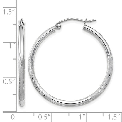 14K White Gold 30mm x 2mm Satin & Diamond Cut Round Hoop Earrings
