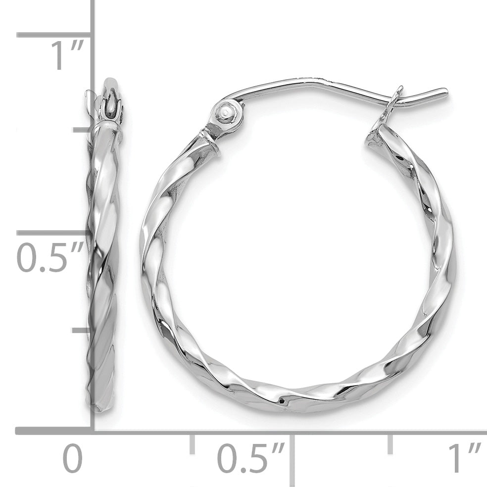 14K White Gold 15mm x 2mm Twisted Round Hoop Earrings