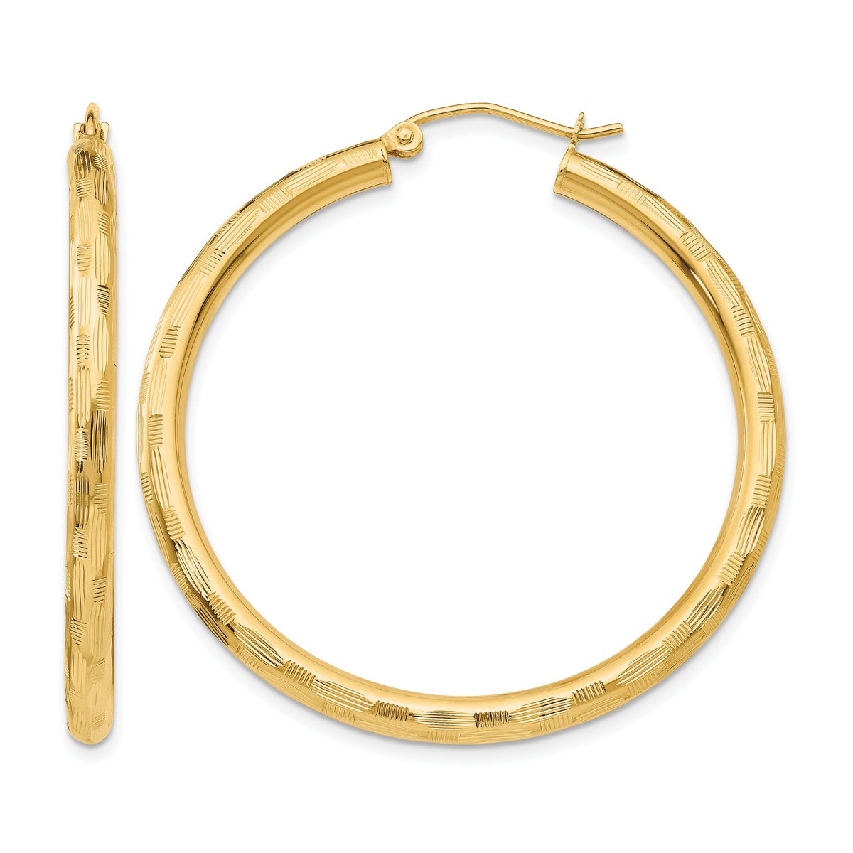 14K Yellow Gold 40mm x 3mm Diamond Cut Round Hoop Earrings