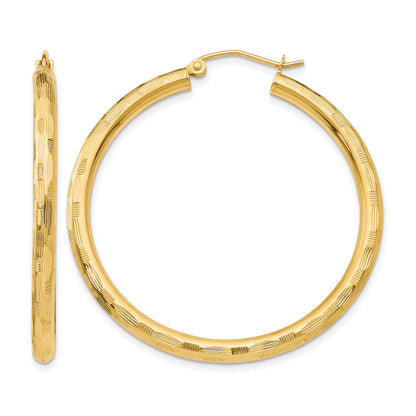 14K Yellow Gold 40mm x 3mm Diamond Cut Round Hoop Earrings