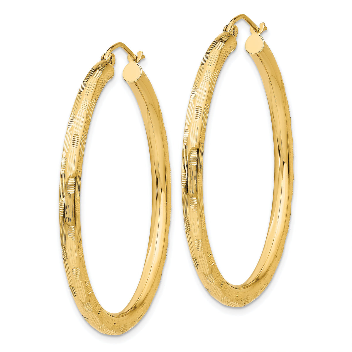 14K Yellow Gold 40mm x 3mm Diamond Cut Round Hoop Earrings