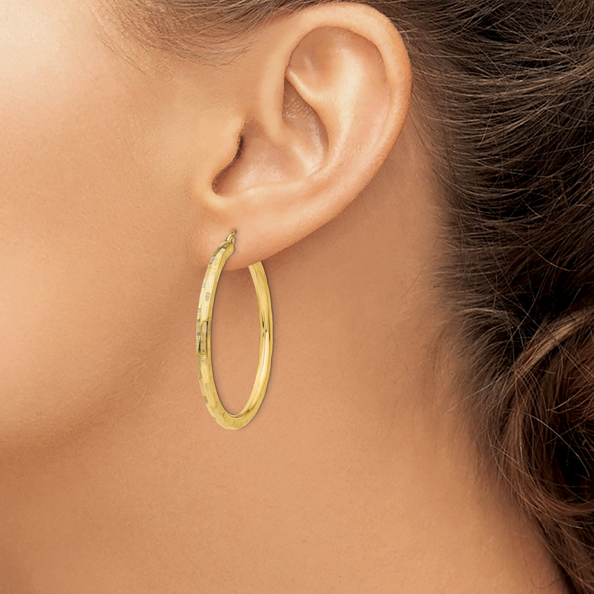 14K Yellow Gold 40mm x 3mm Diamond Cut Round Hoop Earrings