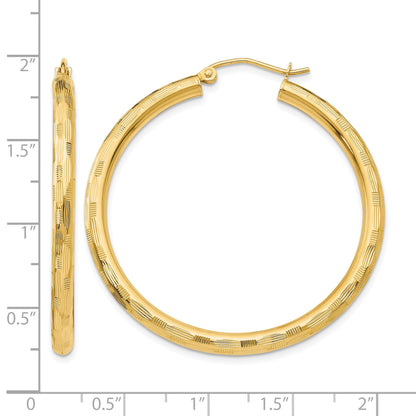 14K Yellow Gold 40mm x 3mm Diamond Cut Round Hoop Earrings