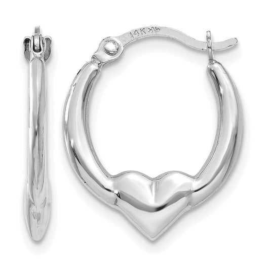 14K White Gold 16mm x 13mm x 2.75mm Heart Hoop Earrings
