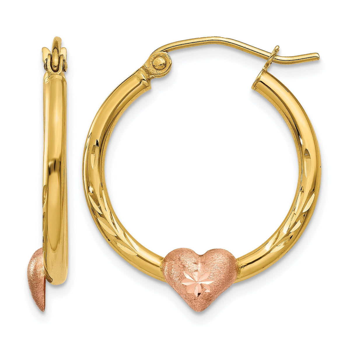 14K Two-Tone Gold 23mm x 20mm x 3.75mm Heart Hoop Earrings