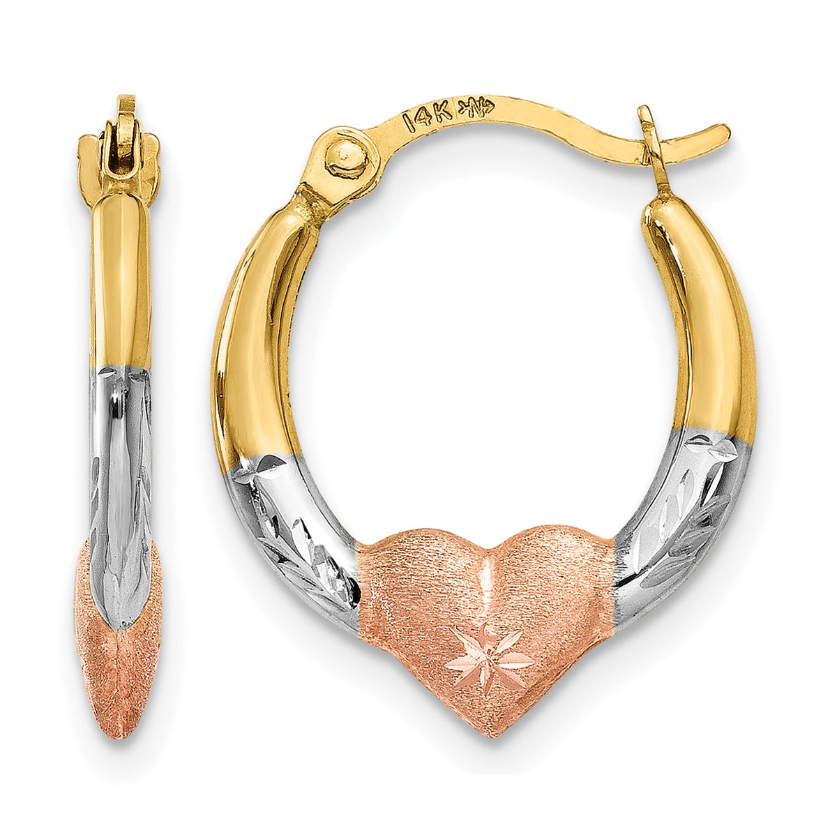 14K Yellow Gold With White & Rose Rhodium 16mm x 14mm x 2mm Diamond Cut Heart Hoop Earrings