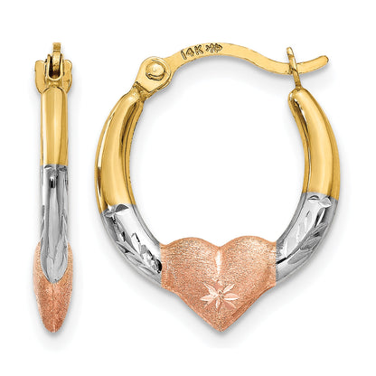 14K Yellow Gold With White & Rose Rhodium 16mm x 14mm x 2mm Diamond Cut Heart Hoop Earrings
