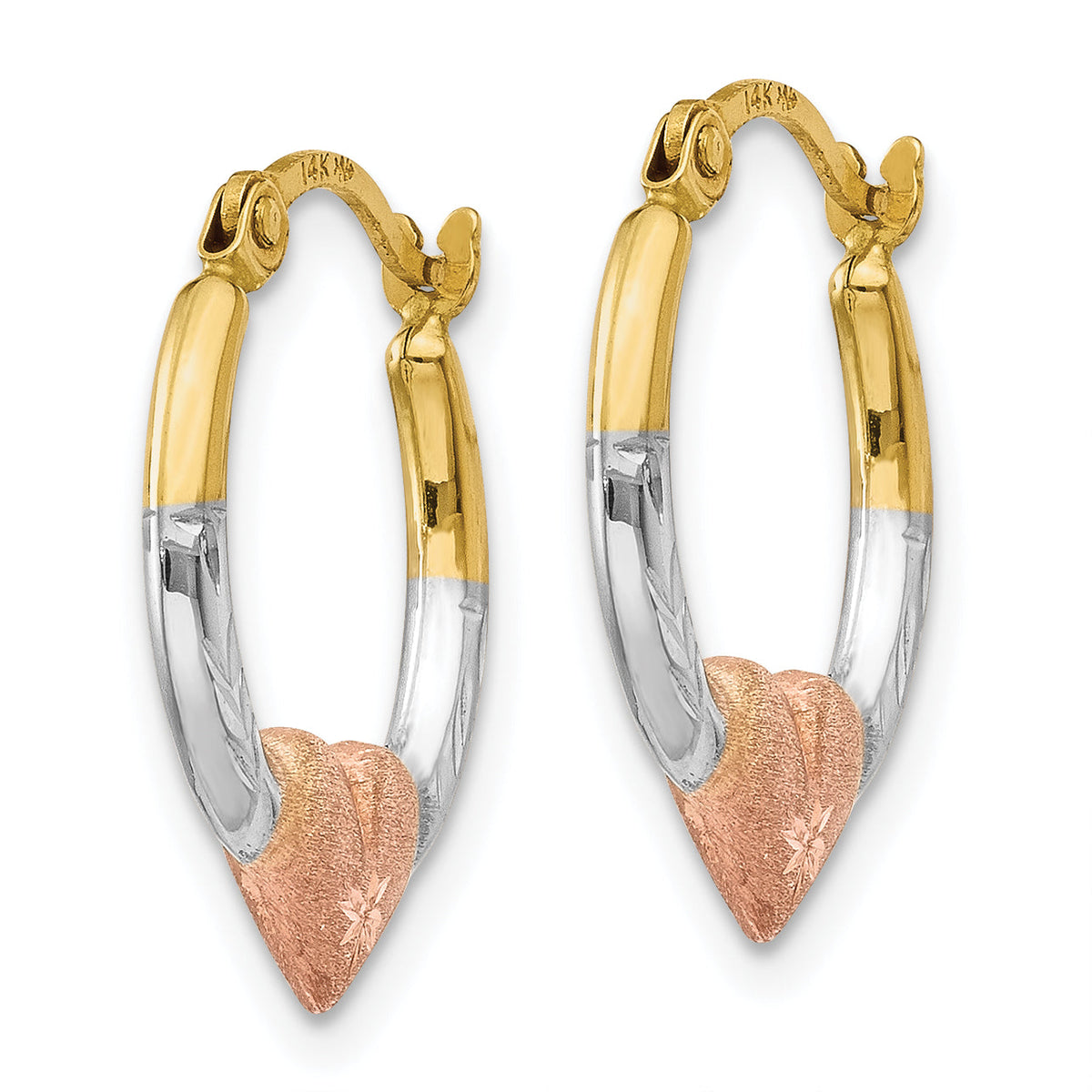 14K Yellow Gold With White & Rose Rhodium 16mm x 14mm x 2mm Diamond Cut Heart Hoop Earrings