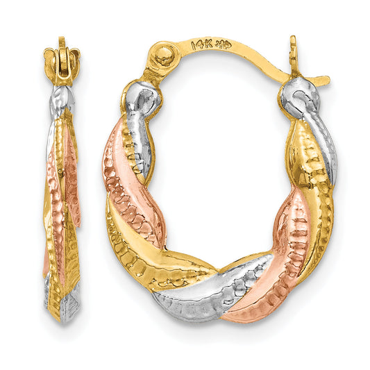14K Yellow Gold With White & Rose Rhodium 17mm x 13mm x 3mm Textured Scalloped Oval Hoop Earrings