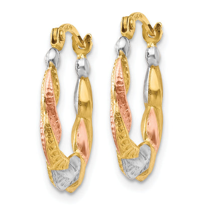 14K Yellow Gold With White & Rose Rhodium 17mm x 13mm x 3mm Textured Scalloped Oval Hoop Earrings