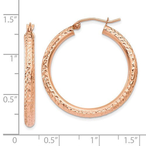 14k rose gold diamond cut classic round hoop textured earrings 31mm x 3mm
