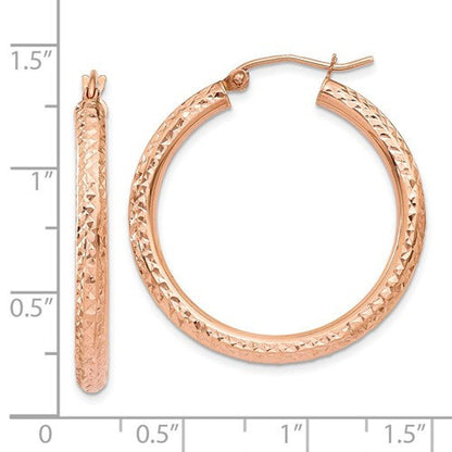 14k rose gold diamond cut classic round hoop textured earrings 31mm x 3mm