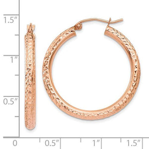 14K Rose Gold Diamond Cut Classic Round Hoop Textured Earrings 31mm x 3mm