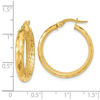 14k yellow gold diamond cut inside outside round hoop earrings 25mm x 3.75mm