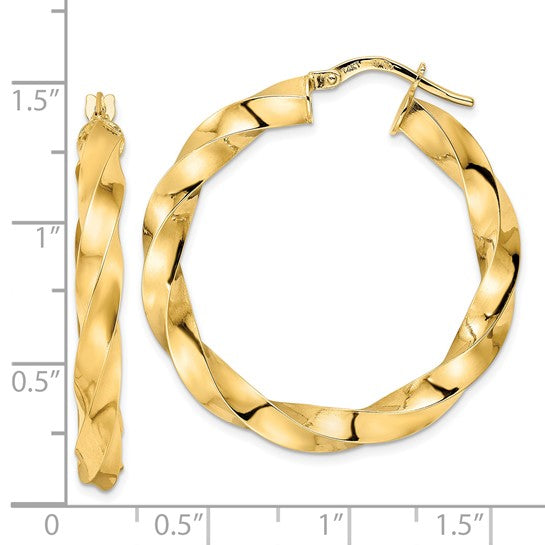 14k yellow gold twisted round hoop earrings 33mm x 4mm