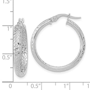 14k White Gold Diamond Cut Inside Outside Round Hoop Earrings 25mm x 3.75mm