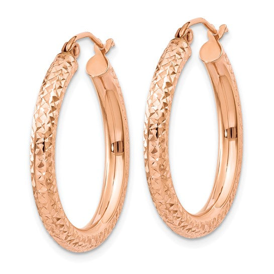 14k rose gold diamond cut textured classic round hoop earrings 25mm x 3mm